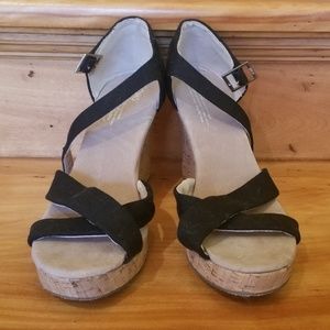 Tom's black cork wedge shoes